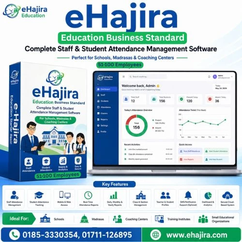 eHajira Education Business Standard — Complete Staff & Student Attendance Management Software for Schools, Madrasas & Coaching Centers (51–100 Employees)