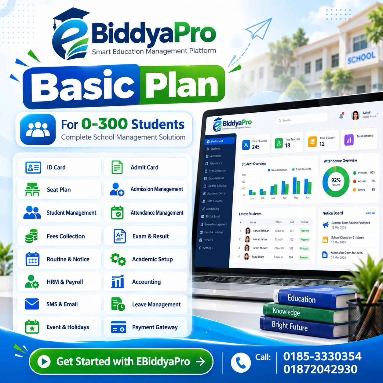 EBiddyaPro Basic Plan – School Management Software for 0–300 Students