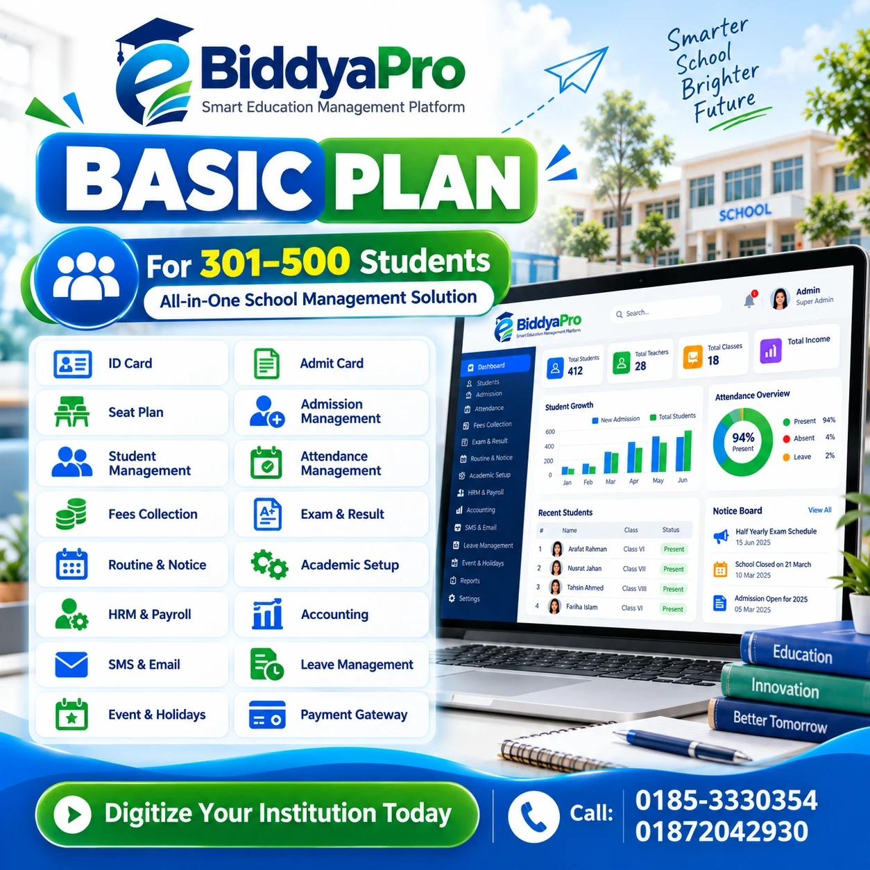 EBiddyaPro Basic Plan – School Management Software for 301–500 Students