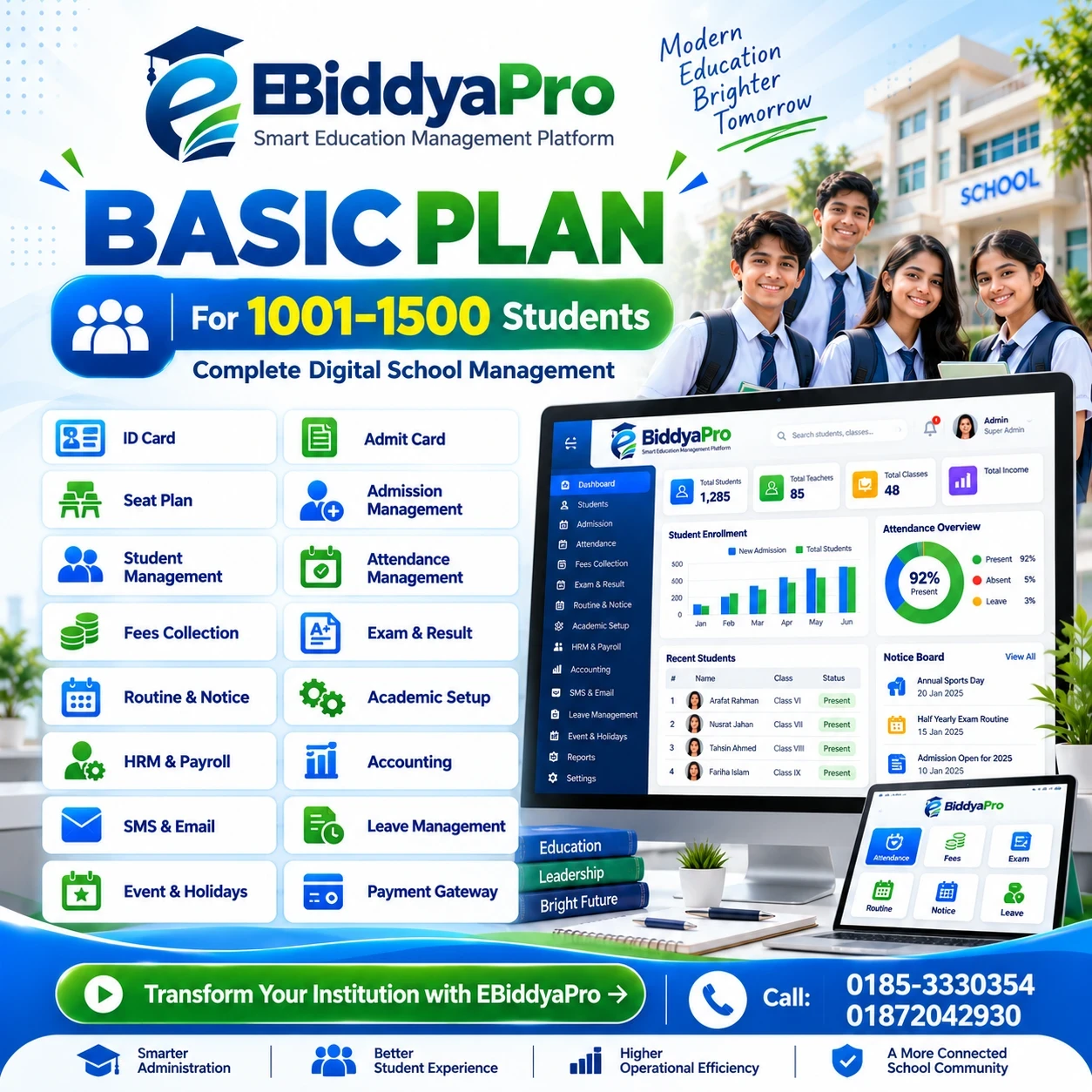 EBiddyaPro Basic Plan – School Management Software for 1001–1500 Students